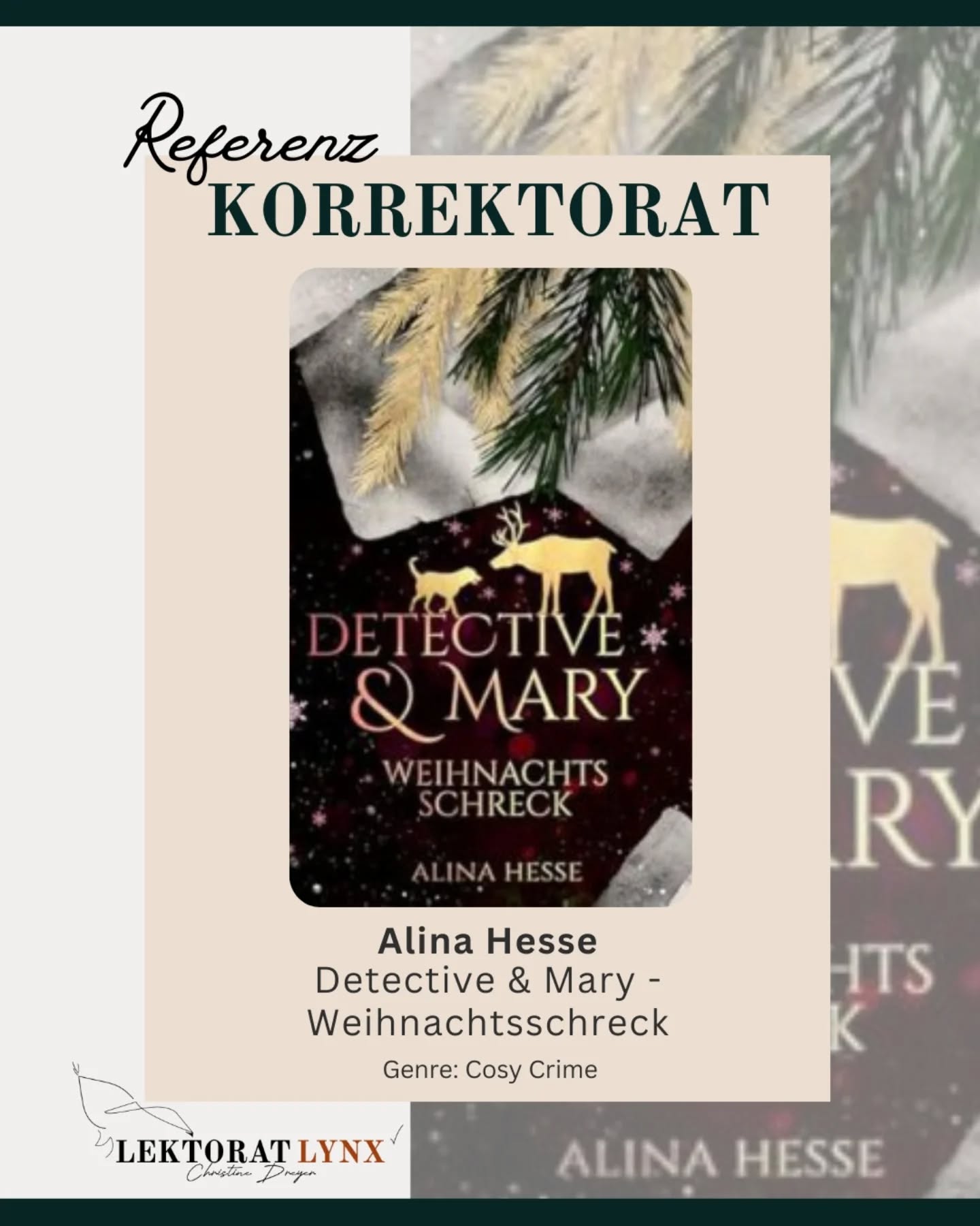 Es ist schon ein paar Tage her, aber es passt perfekt zur besinnlichen Jahreszeit. 🎄

Hier kommt der Klappentext für euch:

Weihnachten – für Detective Lina Fowler die perfekte Gelegenheit, sich eine Pause von ihrem anstrengenden Polizeialltag zu gönnen. Gemeinsam mit ihrer Hündin Mary verbringt sie die Festtage bei ihren Eltern in Christham. Schließlich steht dort das größte Weihnachtsfest der Dorfgeschichte vor der Tür. Die Weihnachtsstimmung verfliegt schlagartig, als eine Reihe von Drohungen und Sabotagen das Fest gefährden. Zusammen mit ihrer Hündin Mary begibt sich Lina auf die Suche. Können die beiden den Saboteur aufspüren und das Weihnachtsfest retten?

#referenz #cosycrime #krimi #lektorin #freielektorin #worklife #bücher #bücherliebe #writer #schreibtipps #selbstständigkeit #selfpublishing #lektor #vfll #adm #textarbeit #textliebe #Manuskript
Ich lektoriere: Krimi & Thriller | Dark Fantasy | Horror | Dark Romance