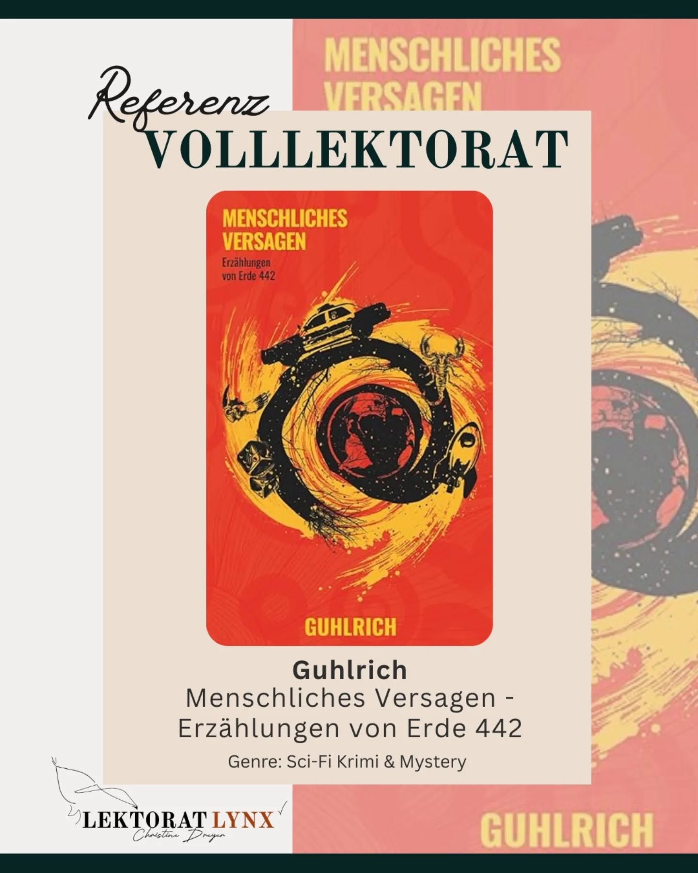 Lieber @guhlrich_autor, die Zusammenarbeit mit dir hat mir wahnsinnig viel Spaß gemacht und das Ergebnis ist düsterer als düster geworden. 😏🖤 Danke für dein Vertrauen! 

Hier kommt der Klappentext für euch:

Unsägliches erwächst dem erdlichen Idyll.

Mystisch, grimmig - vor allem menschlich geht es zu in 'Menschliches Versagen', dem Auftakt der 'Erde 442' - Reihe.
In 9 Kurzgeschichten nimmt Sie Guhlrich mit auf eine Reise in die tiefsten Schluchten der menschlichen Seele.

#referenz #mystery #scifikrimi #scificrime #lektorin #freielektorin #worklife #bücher #bücherliebe #writer #schreibtipps #selbstständigkeit #selfpublishing #lektor #vfll #adm #textarbeit #textliebe #Manuskript
Ich lektoriere: Krimi & Thriller | Dark Fantasy | Horror | Dark Romance