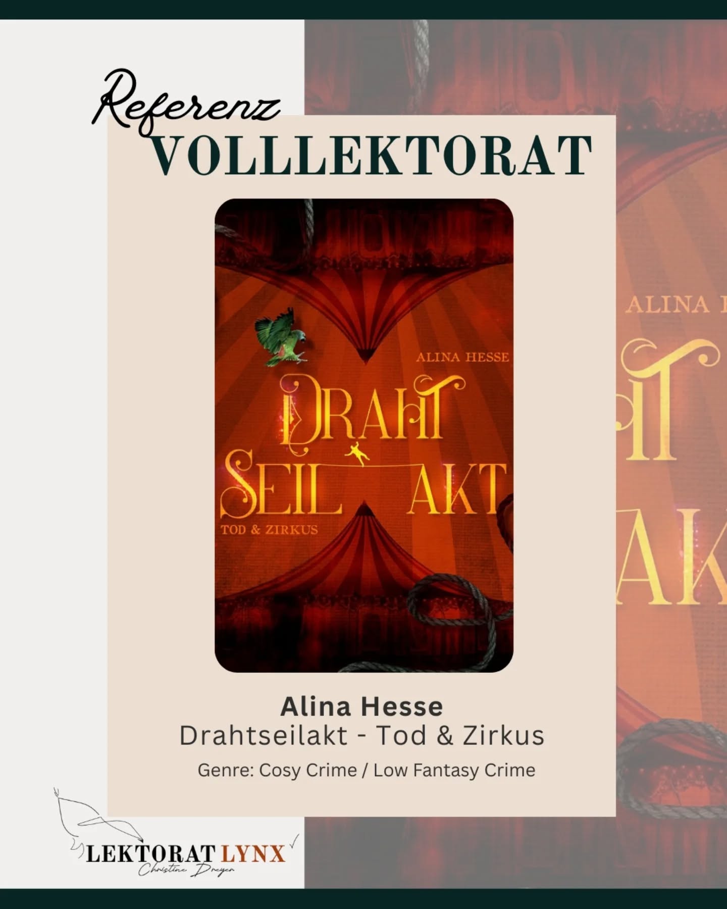Vielen lieben Dank, @alinahesse_autorin für dein Vertrauen und diese wundervolle Geschichte. 🖤

Hier kommt der Klappentext für euch:

Der Zirkus Asombroso ist in der Stadt!
Die aufstrebende Journalistin Nika Gruen freut sich darauf, endlich ihren Bruder Ferenc wiederzusehen und von der exklusiven Generalprobe berichten zu dürfen. Doch alles verändert sich, als Ferenc bei seinem Auftritt in die Tiefe stürzt und tödlich verunglückt. Nika ist fassungslos, und während die Polizei von einem Unfall ausgeht, ist sie fest davon überzeugt, dass hinter Ferencs Sturz mehr stecken muss. Warum musste ihr Bruder sterben? Fest entschlossen macht sie sich mit ihrem Papagei Pearl auf die Suche nach der Wahrheit, die sie geradewegs zurück in den Zirkus Asombroso führt. Denn Abseits der Manege spielt sich Unerklärliches ab.

#referenz #cosycrime #fantasycrime #krimi #lektorin #freielektorin #worklife #bücher #bücherliebe #writer #schreibtipps #selbstständigkeit #selfpublishing #lektor #vfll #adm #textarbeit #textliebe #Manuskript
Ich lektoriere: Krimi & Thriller | Dark Fantasy | Horror | Dark Romance