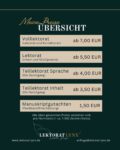 Hier findest du meine aktuelle #preisliste ✨
Ein Probelektorat ist kostenfrei. 

Du bist an einer Zusammenarbeit interessiert? Dann schreib mir gerne eine DM oder E-Mail an anfrage@lektorat-lynx.de. 

Ich freue mich auf dich und deine Geschichte. 

#lektorat #lektoratfürselfpublisher #manuskript #vfll #adm #freielektorin #buchliebe #bücher #autorenaufinstagram #autorenleben #schreibliebe #writer #darkromance #horror #darkfantasy #thriller #krimi #cosycrime #cozycrime